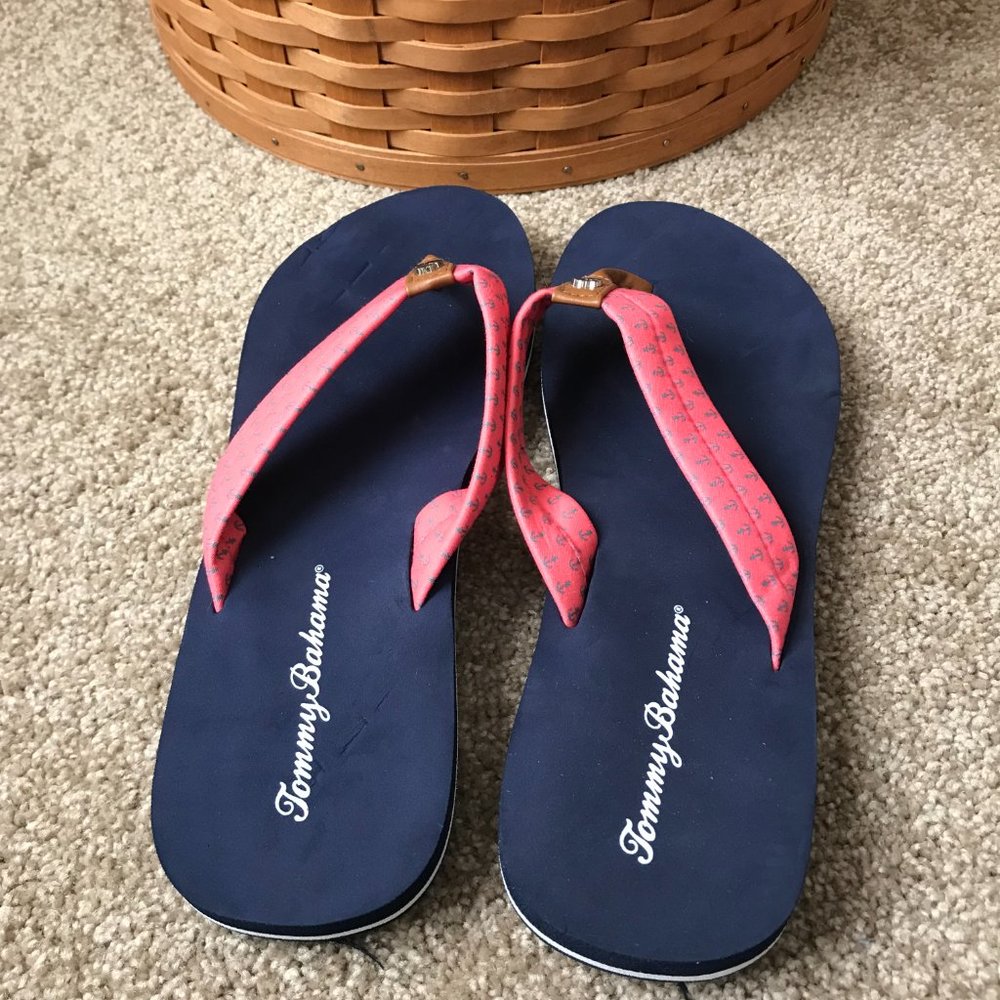 Tommy Bahama Navy Blue w/Pink Thong & Blue Anchors Flip Flops Size 10 - Picture 5 of 6